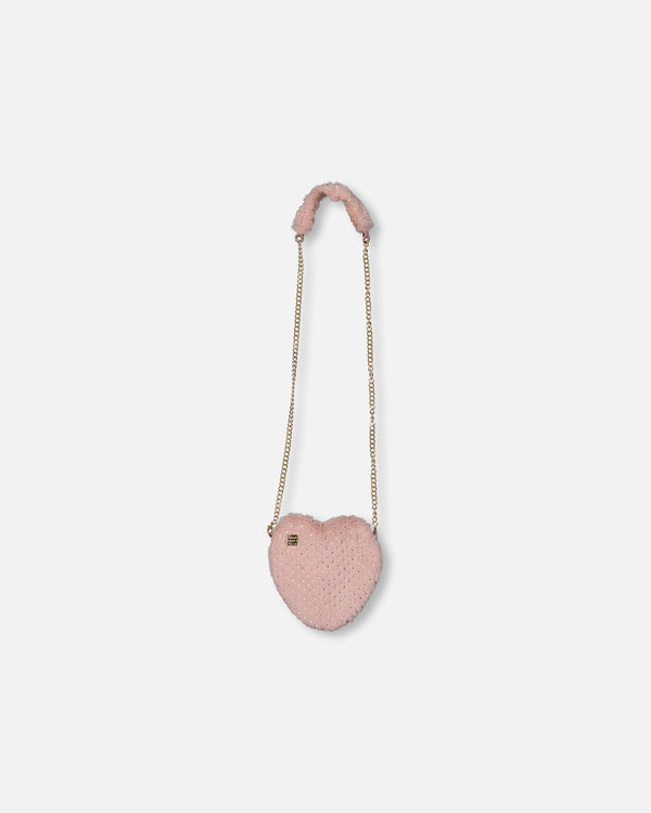 Deux Par Deux Faux Fur Heart Shoulder Bag in Silver Pink