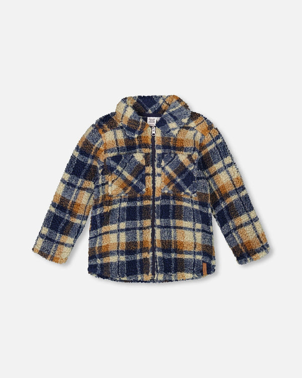 Deux Par Deux Zip Sherpa Shirt in Navy & Brown Plaid