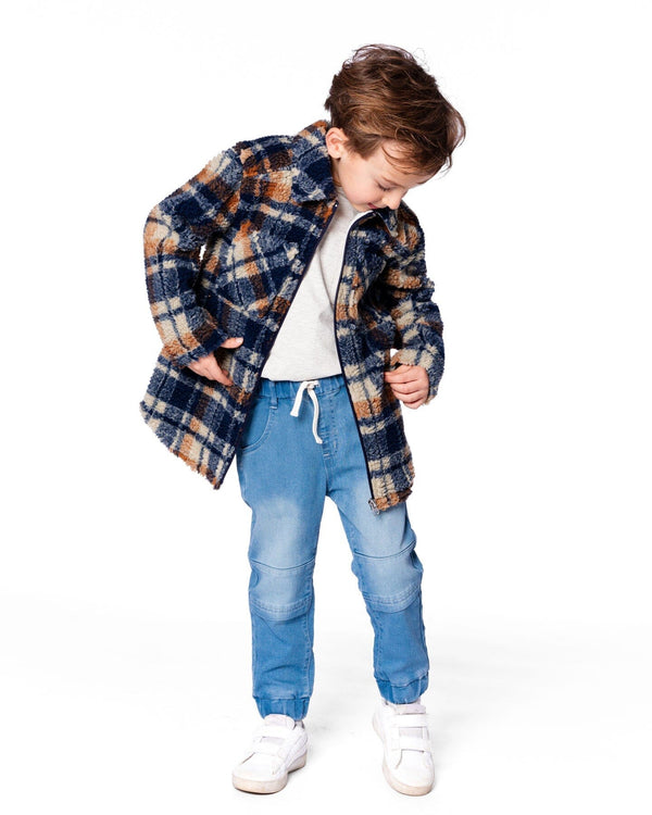 Deux Par Deux Zip Sherpa Shirt in Navy & Brown Plaid