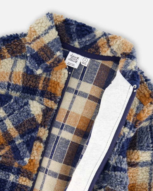 Deux Par Deux Zip Sherpa Shirt in Navy & Brown Plaid
