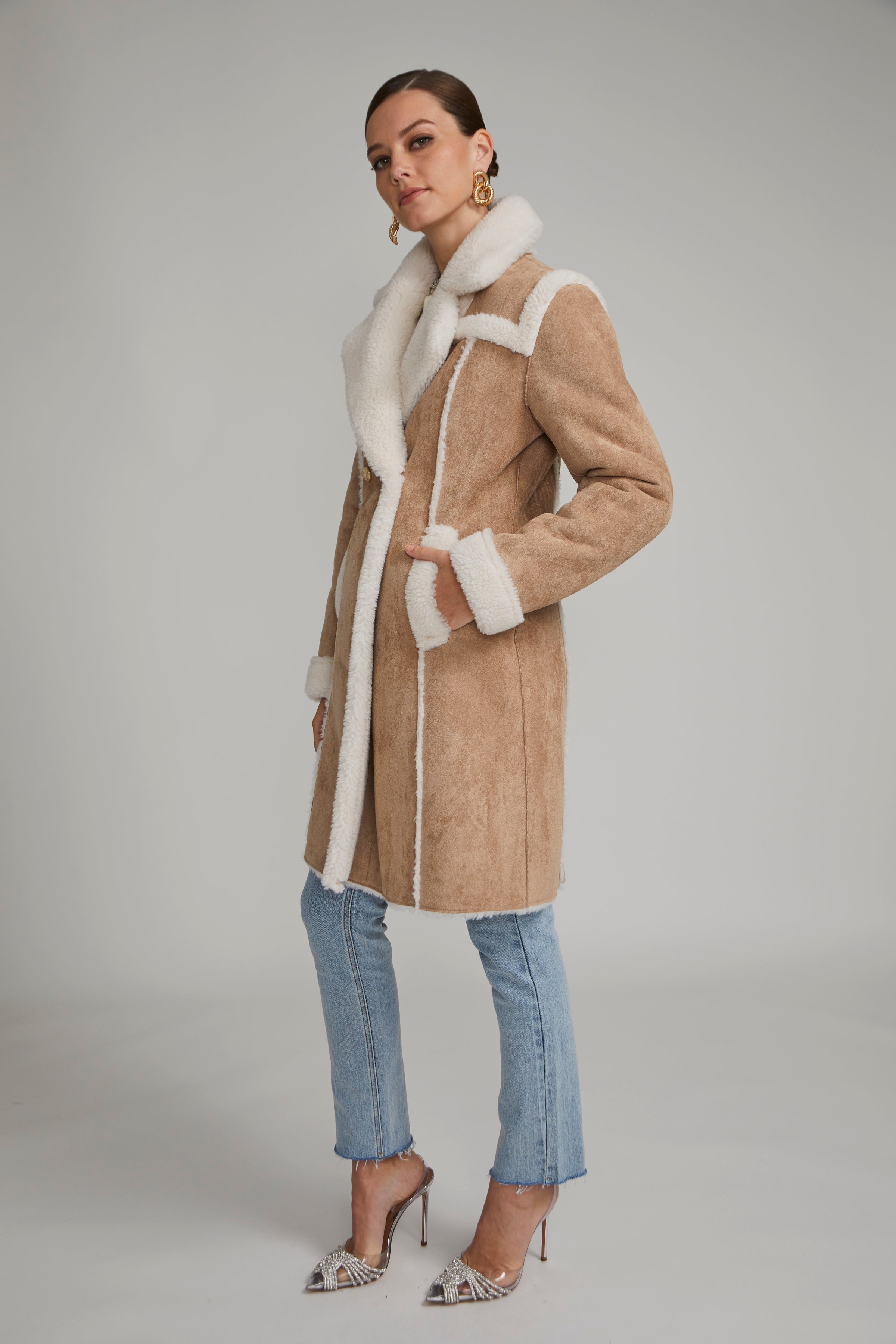 Shop Faux suede hooded wrap coat