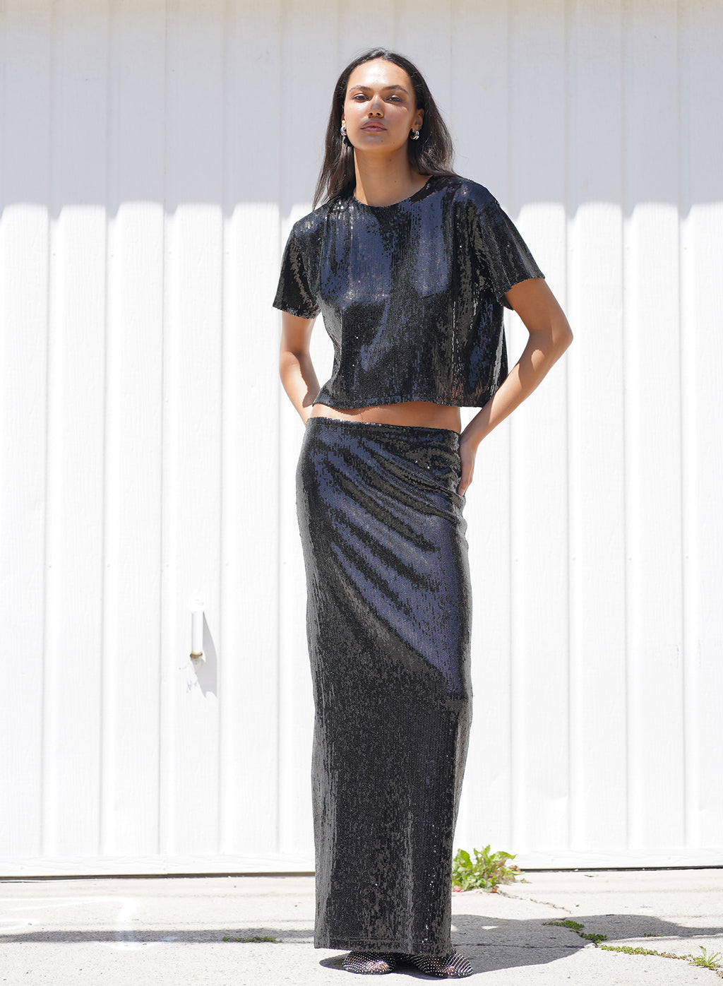 LNA Elettra Sequin Skirt in Black