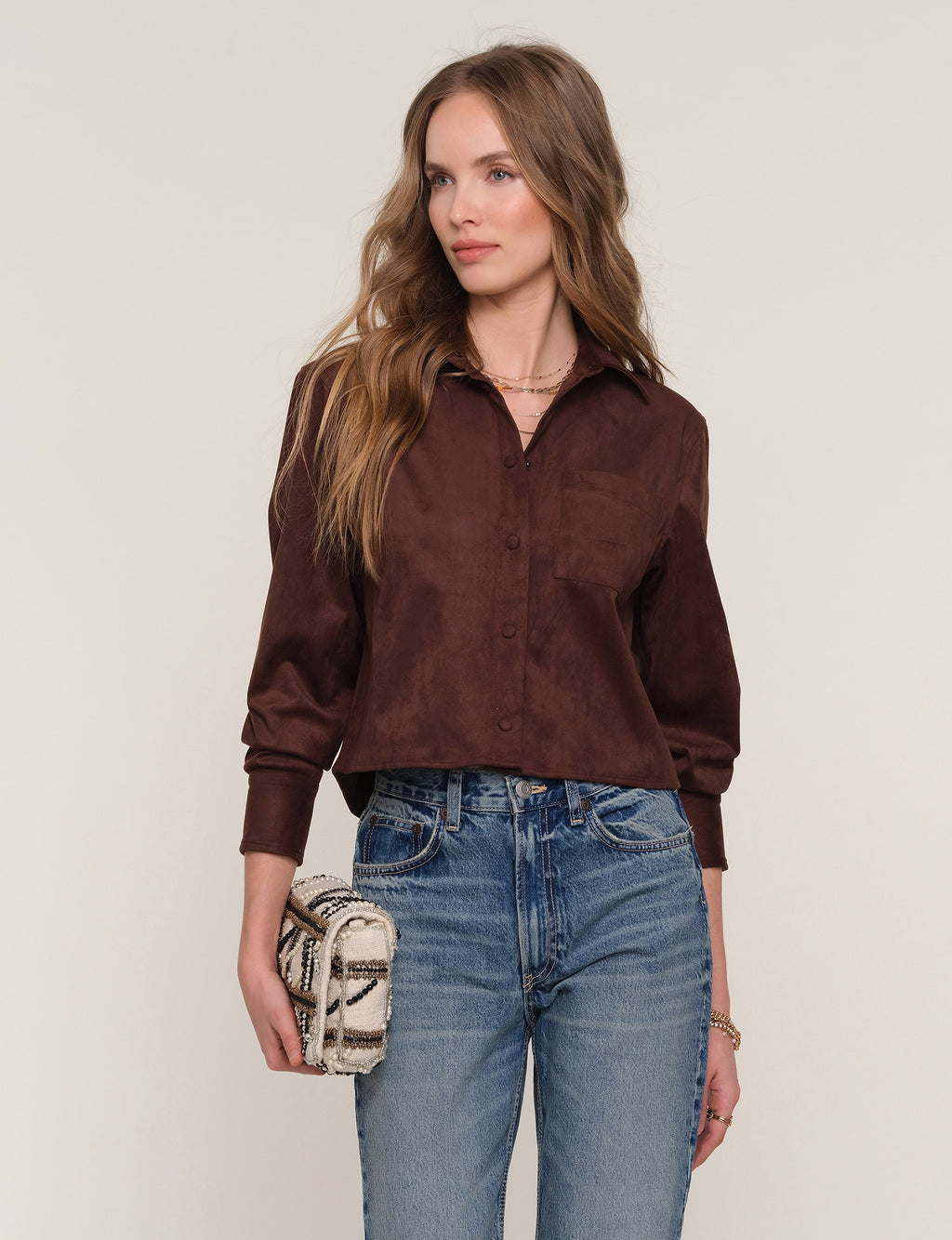 Heartloom Castalia Suede Button Down Top in Coco