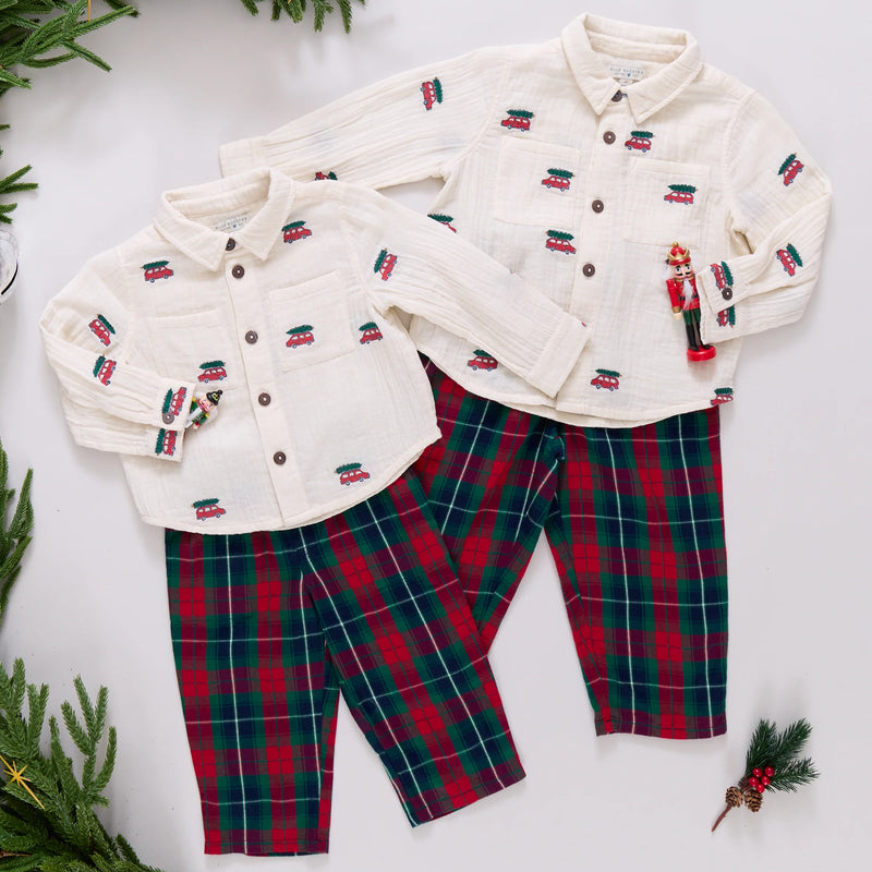 Pink Chicken Boys Jack Shirt in Tree Farm Embroidery
