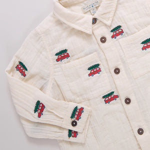 Pink Chicken Boys Jack Shirt in Tree Farm Embroidery