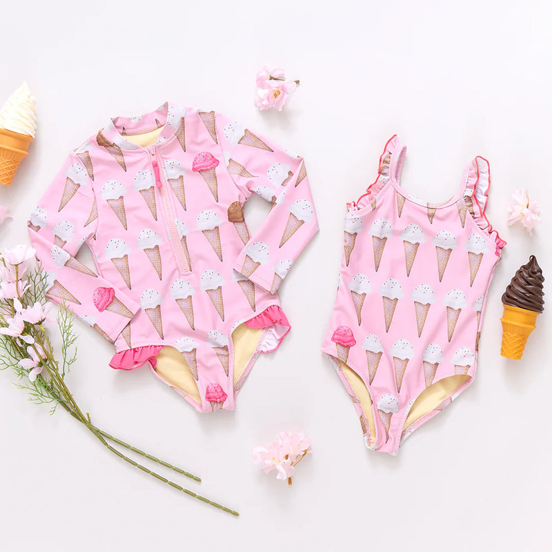 Pink Chicken Claire Swimsuit in Neapolitan Ice Cream Cones