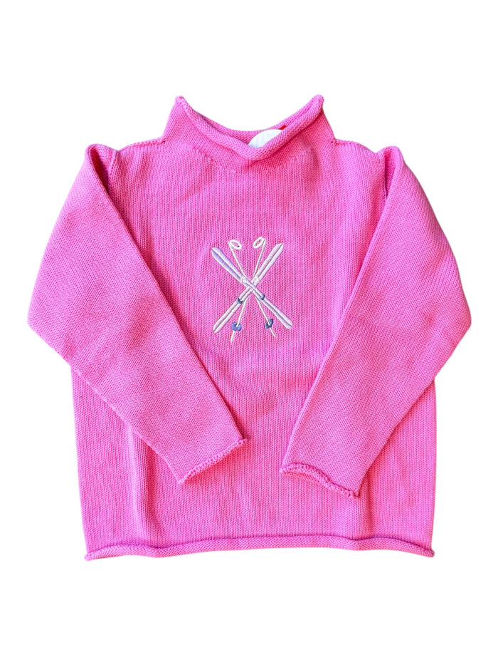 A Soft Idea Roll Neck Sweater in Fuchsia with Skis