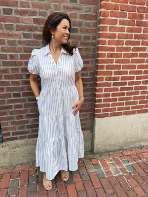 Elan Short Sleeve Shirt Dress in White/Grey Stripe