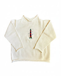 An off-white ribbed knit mock neck sweater with a small embroidered lighthouse design on the chest, displayed flat against a white background.
