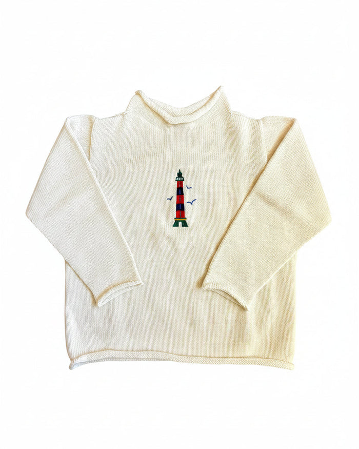An off-white ribbed knit mock neck sweater with a small embroidered lighthouse design on the chest, displayed flat against a white background.