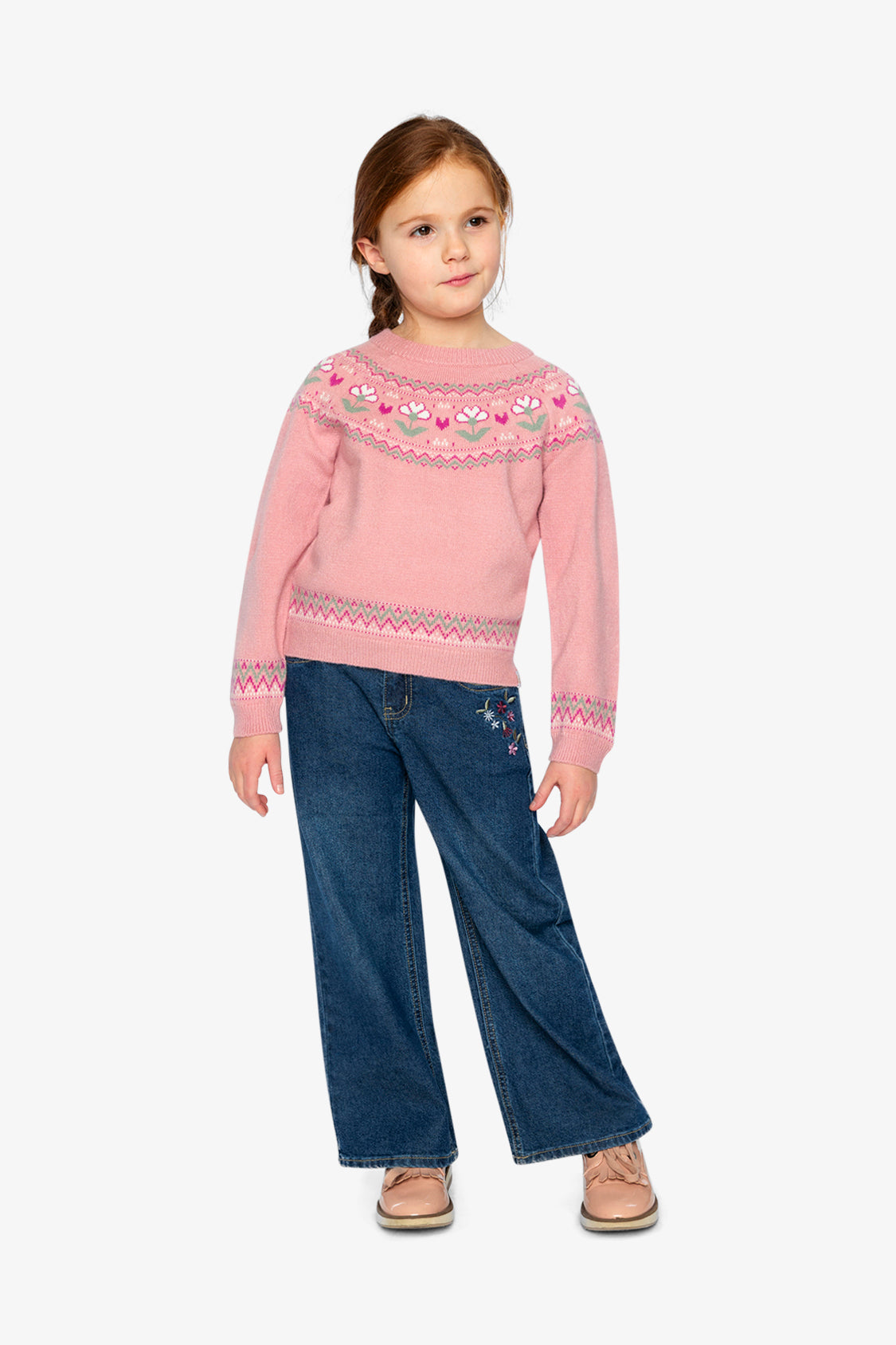 Deux Par Deux Sweater in Pink Jacquard Flower