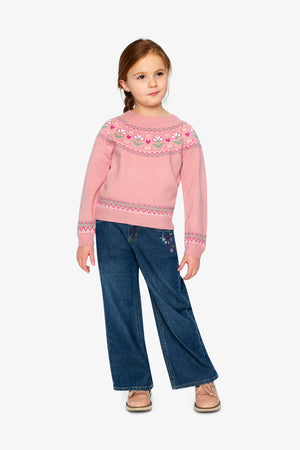 Deux Par Deux Sweater in Pink Jacquard Flower
