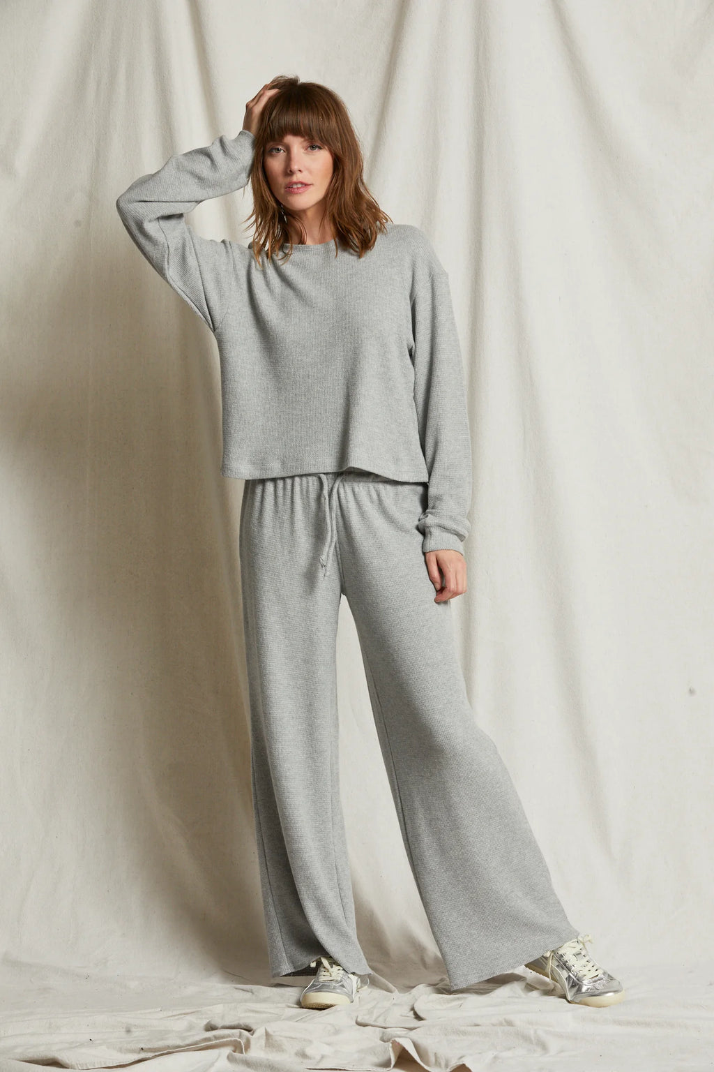 perfectwhitetee Brushed Thermal Wide Leg Pant in Heather Grey