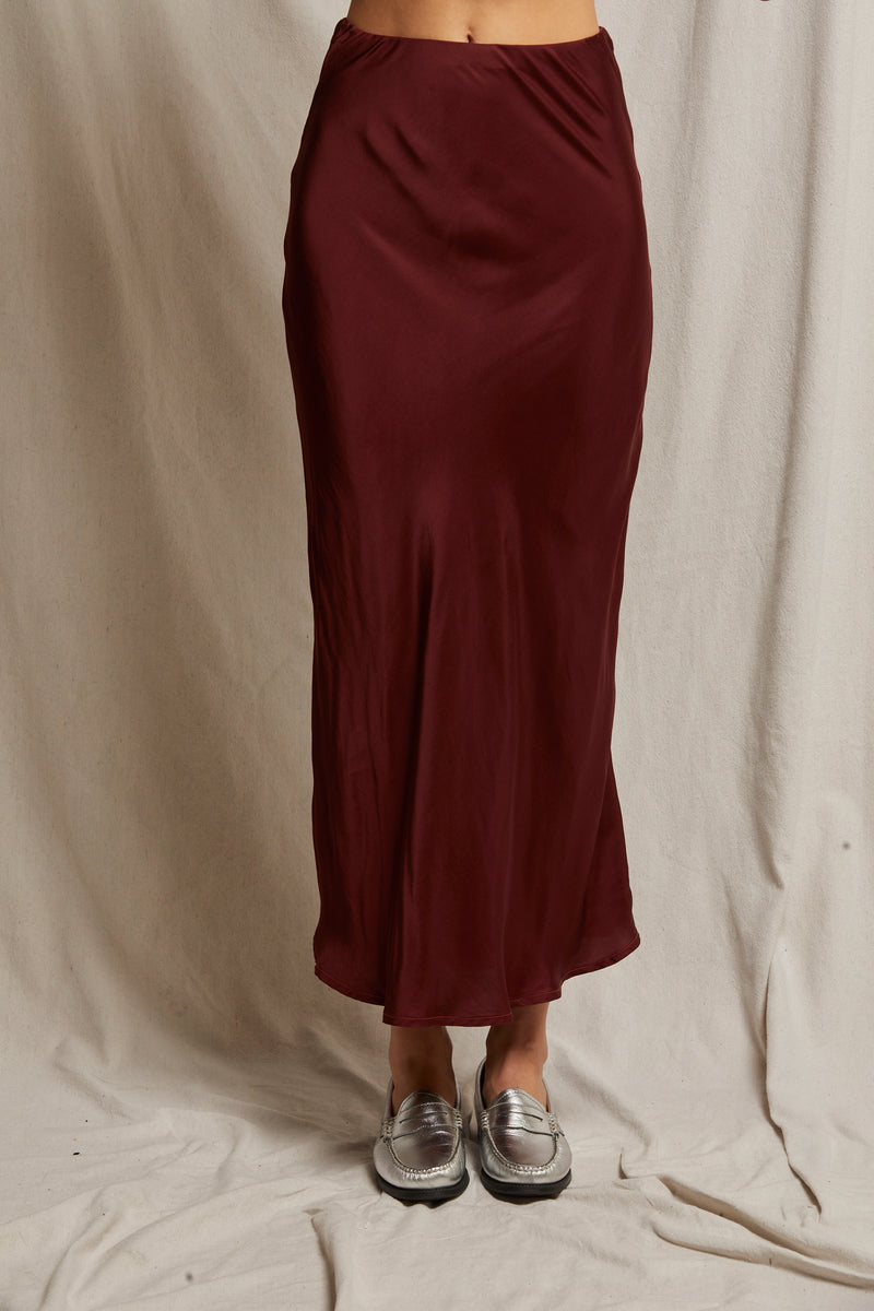 perfectwhitetee Genevieve Satin Slip Skirt in Blackberry