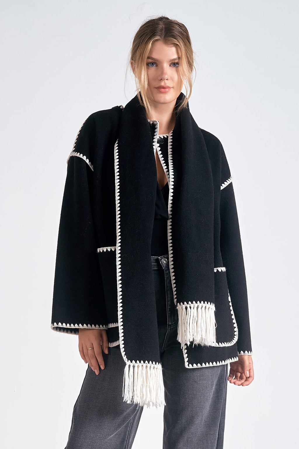 Elan Jacket Whipstitch Scarf Jacket in Black