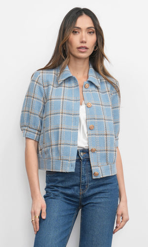 Greylin Joanne Short Sleeve Tweed Plaid Jacket in Retro Blue