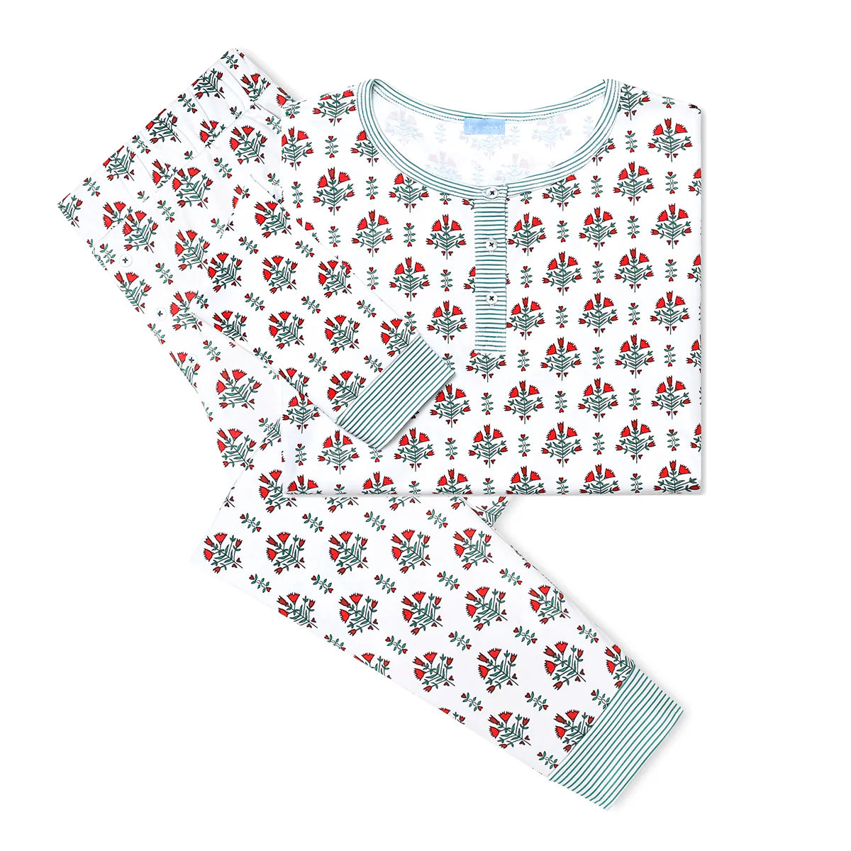 Joy Street Women's  Long Pajama Set in Poinsettia Block Print
