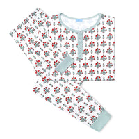 Joy Street Women's  Long Pajama Set in Poinsettia Block Print