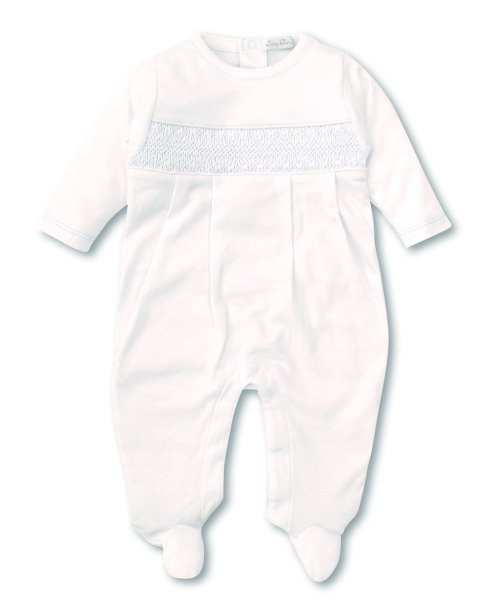 Kissy Kissy Classic White and Blue Footie with Hand Smocking