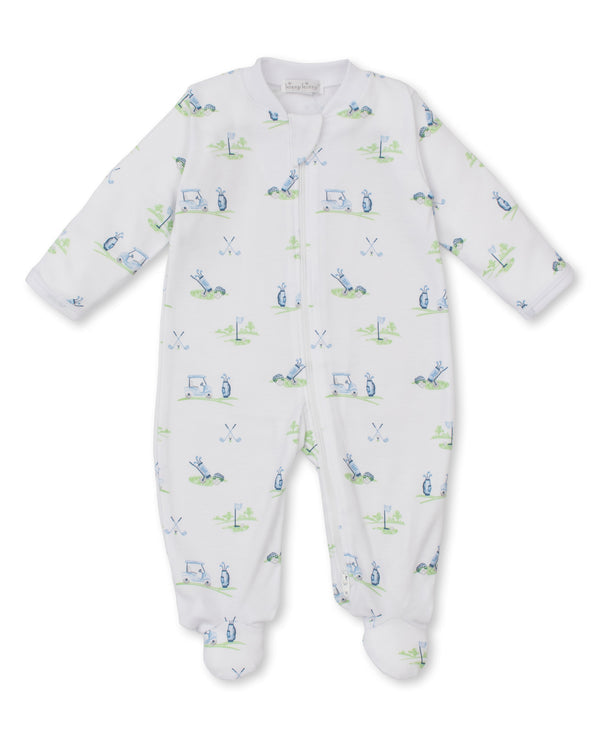 Kissy Kissy Zip Footie in Blue Fairway Foursome