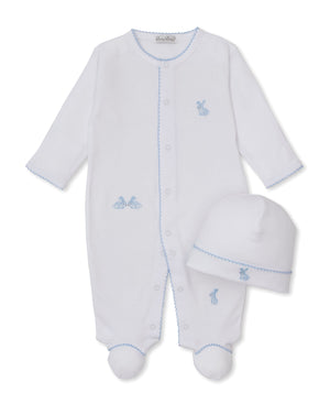 Kissy Kissy Snap Footie/Hat Set in Blue Trim Springtime Bunny Fun