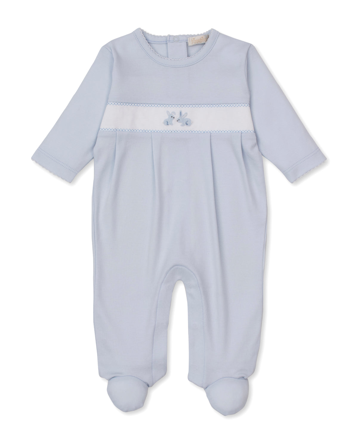 Kissy Kissy Hand Embroidered Premier Footie in Blue Springtime Bunny Fun