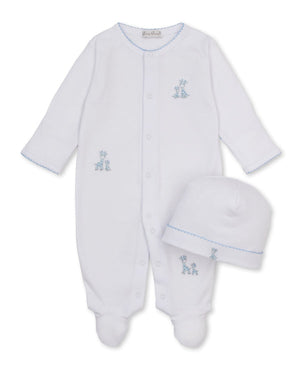 Kissy Kissy Snap Footie/Hat Set in Blue Just Giraffes