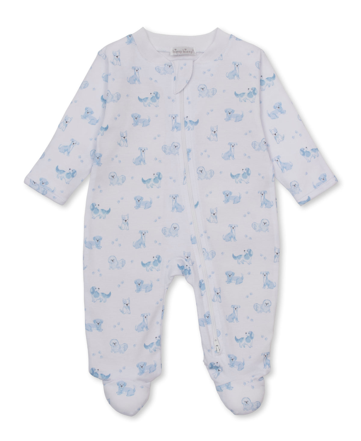 Kissy Kissy Zip Footie in Blue Puppy Paws