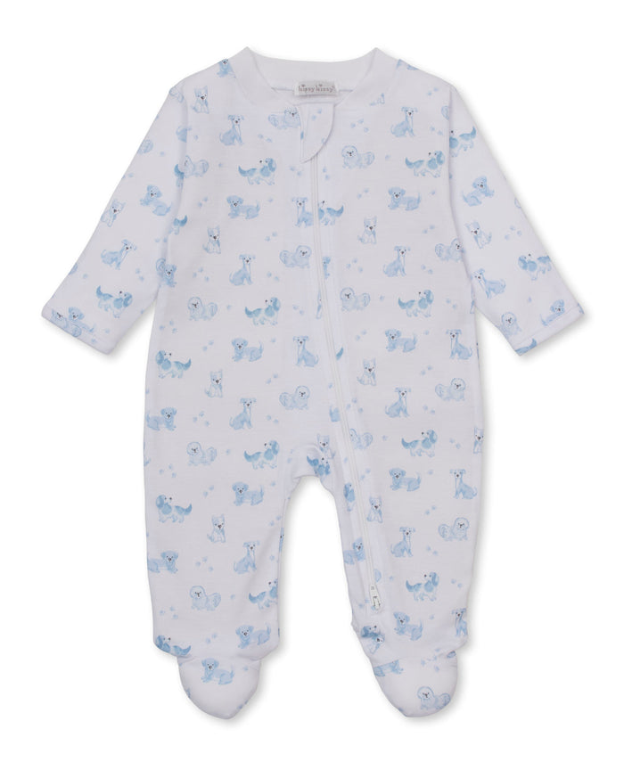 Kissy Kissy Zip Footie in Blue Puppy Paws