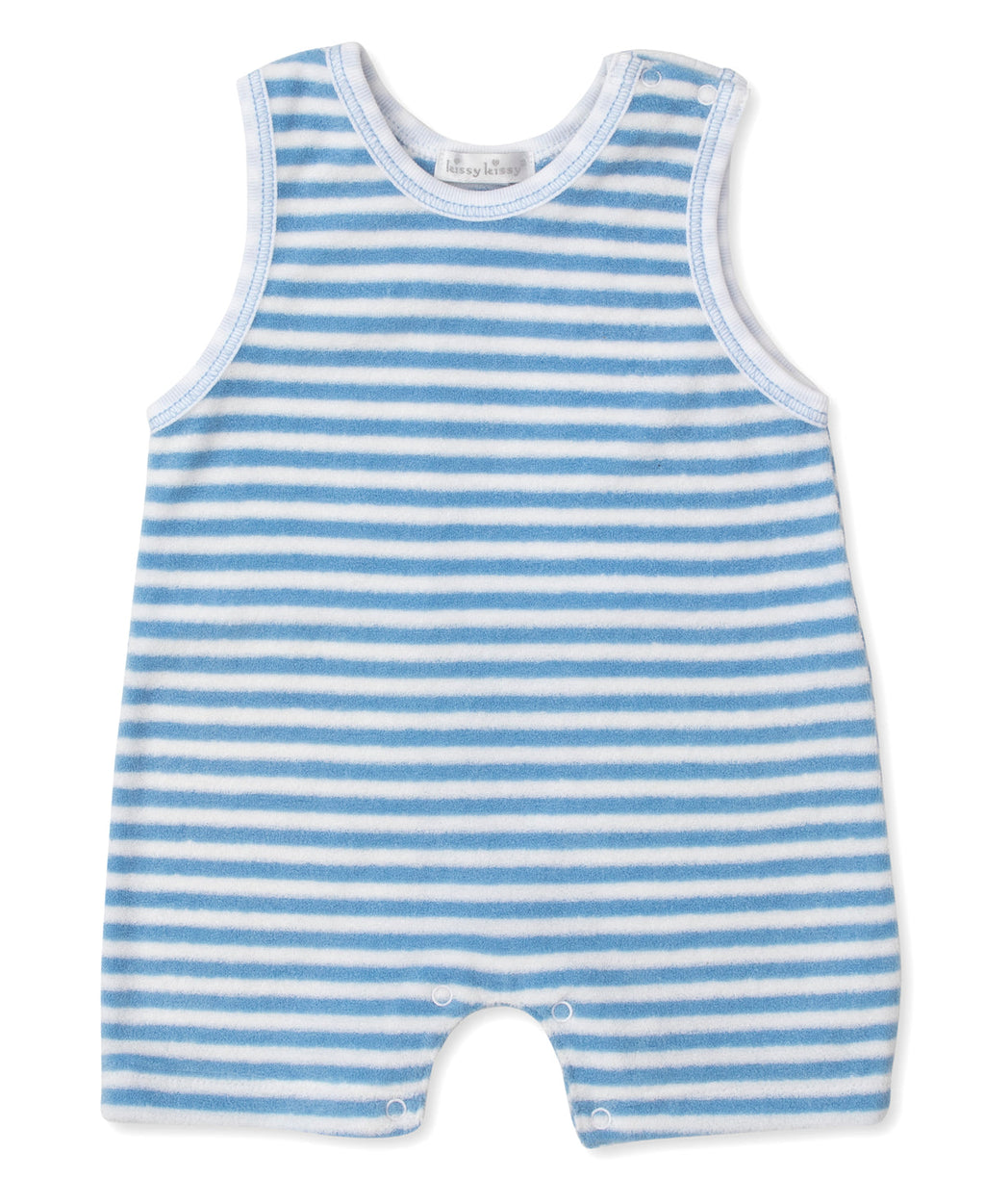 Kissy Kissy Sleeveless Terry Romper in Blue Cabana Stripes