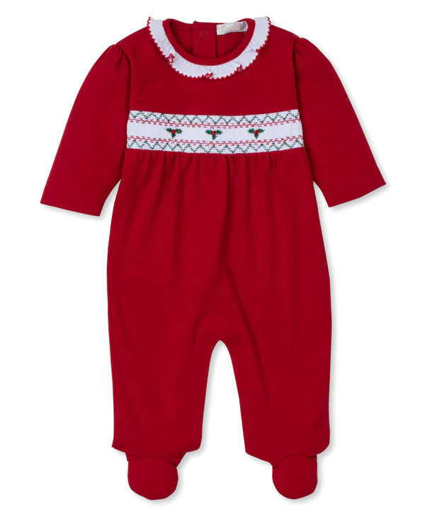 Kissy Kissy Ruffle Collar Smocked Footie with Holly in Red