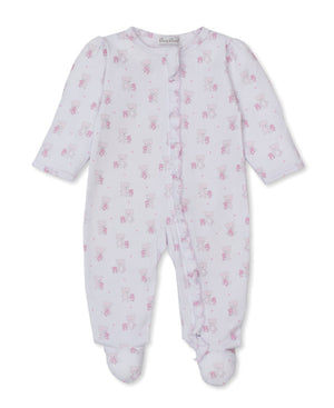 Kissy Kissy Print Ruffle Zip Footie in Pink Teddy Bear Love