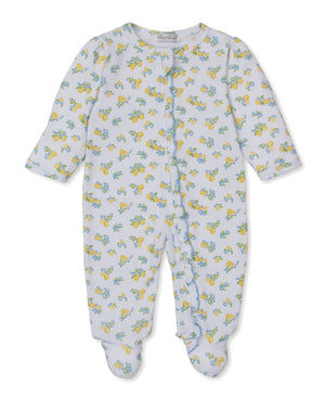 Kissy Kissy Print Ruffle Zip Footie in Lemon Blossoms