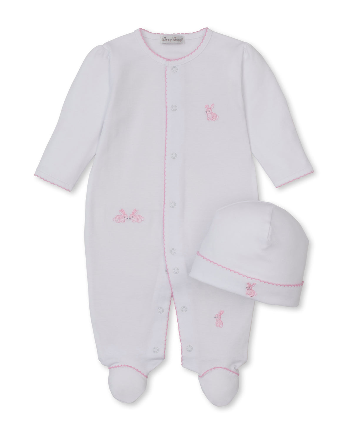 Kissy Kissy Snap Footie/Hat Set in Pink Trim Springtime Bunny Fun