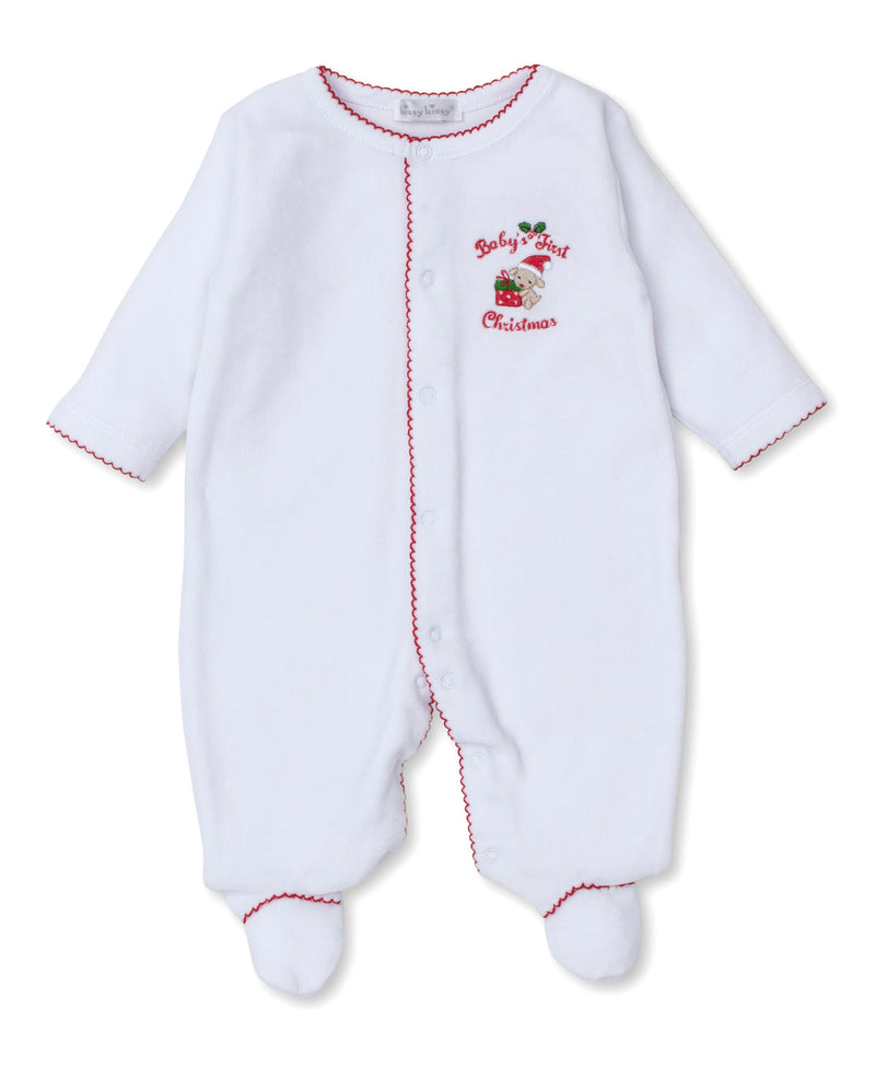 Kissy Kissy Baby's First Christmas Velour Footie in White