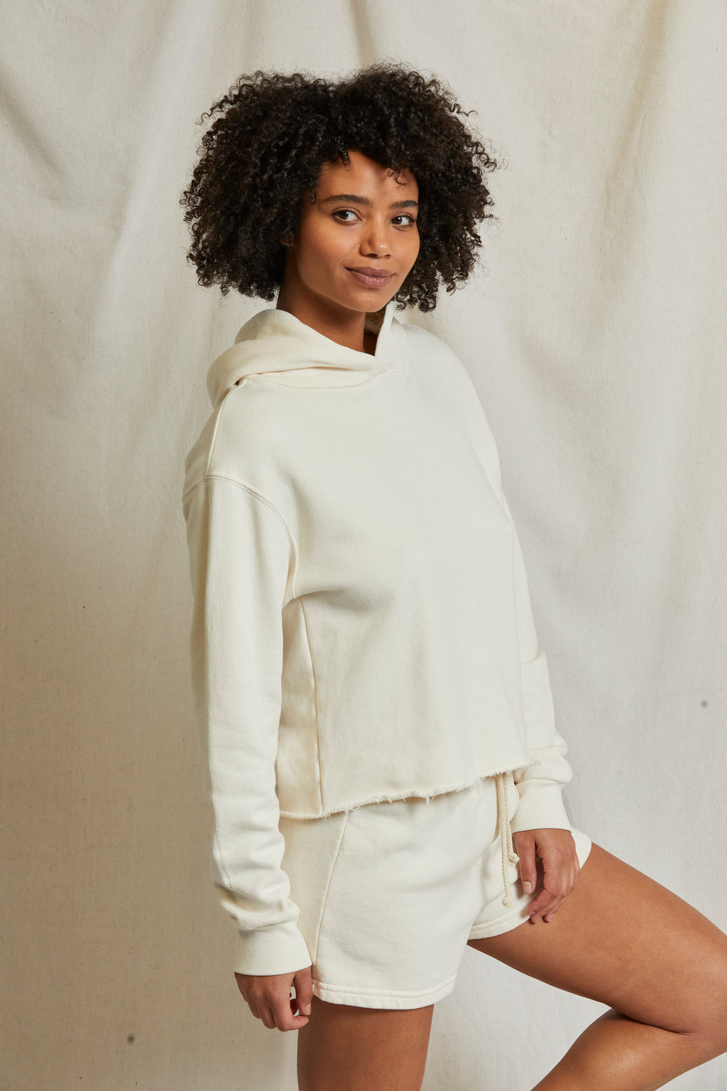 perfectwhitetee Kokomo Beach Fleece Cut Off Hoodie in Bright Ivory