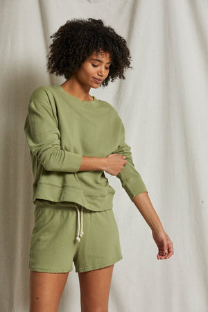 perfectwhitetee Tyler French Terry Pullover Sweatshirt in Oil Green