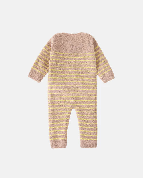 7AM Enfant Long Sleeve Fuzzy Striped Romoper in Pecan/Chartreuse