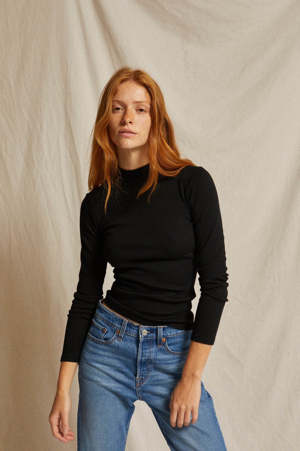 perfectwhitetee Lauryn Rib Mock Neck in Black