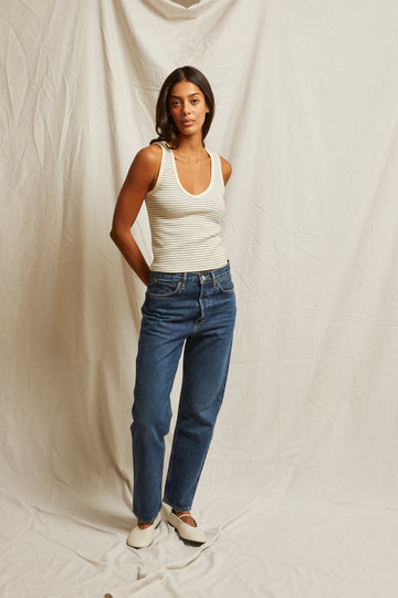 perfectwhitetee Maria V-neck Tank in Navy Stripe