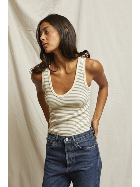 perfectwhitetee Maria V-neck Tank in Navy Stripe