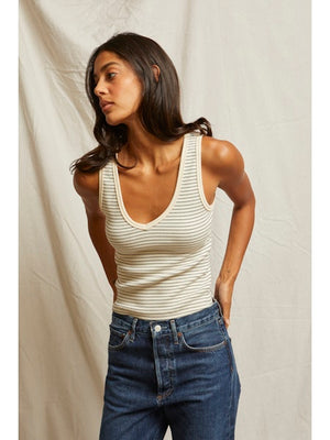 perfectwhitetee Maria V-neck Tank in Navy Stripe