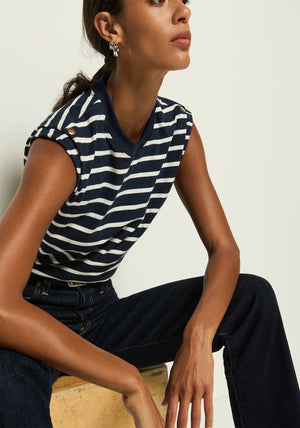 Nation Marina Muscle Tee with Shoulder Detail in Marina Stripe