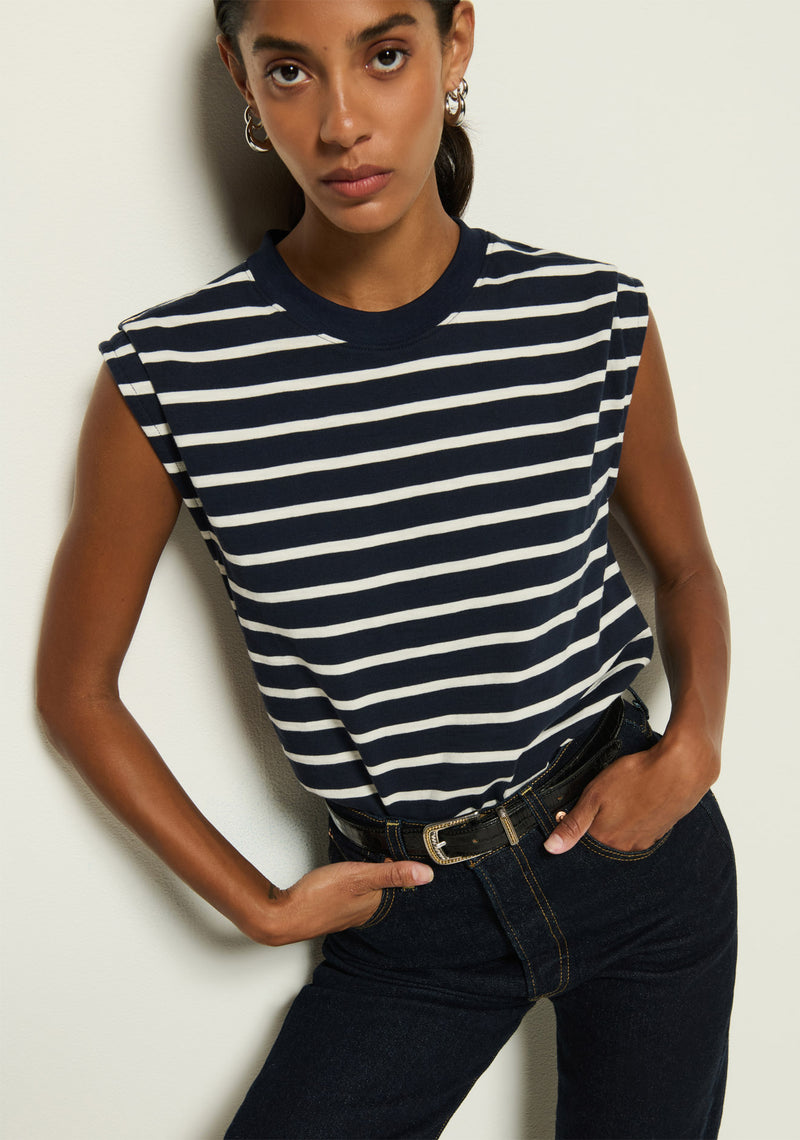 Nation Marina Muscle Tee with Shoulder Detail in Marina Stripe