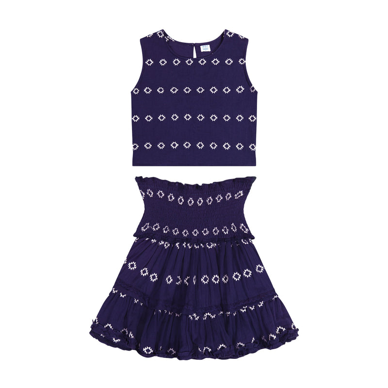 Mer St Barth Women's Maribel Cropped Tank and Skirt Set in Navy Embroidery