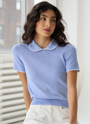 S/S Collared Top W/ Contrast Crochet Edges