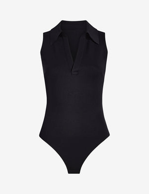 Commando Neoprene Sleeveless V-Neck Polo Bodysuit in Black and White