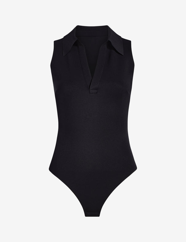 Commando Neoprene Sleeveless V-Neck Polo Bodysuit in Black and White