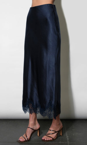 Greylin Nina Midi Lace Hem Slip Skirt in Navy