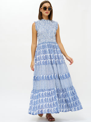 Oliphant Sleeveless Smocked Maxi Dress in Sorrento Blue